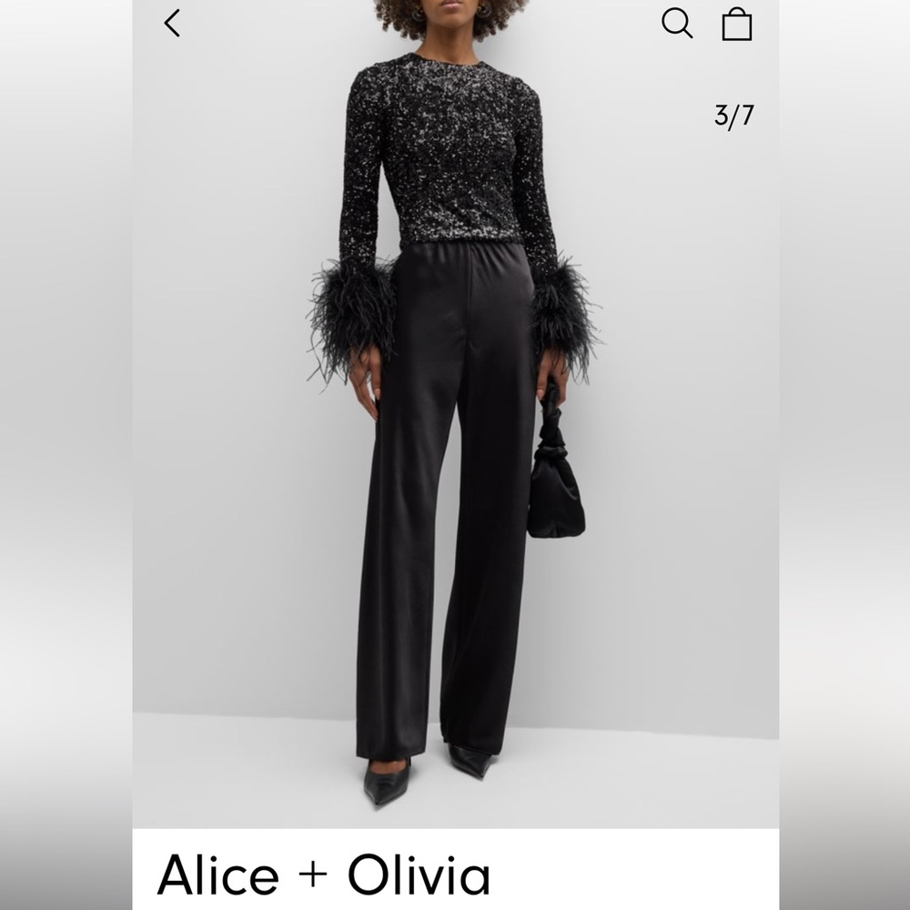 Alice & Olivia Delaina Sequin Top with Feather Cuffs size Medium